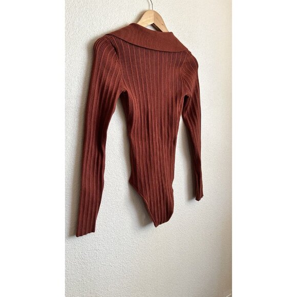 Lulu's Timeless Design Rust Brown Ribbed Button-Up Long Sleeve Bodysuit Size L - Picture 7 of 7